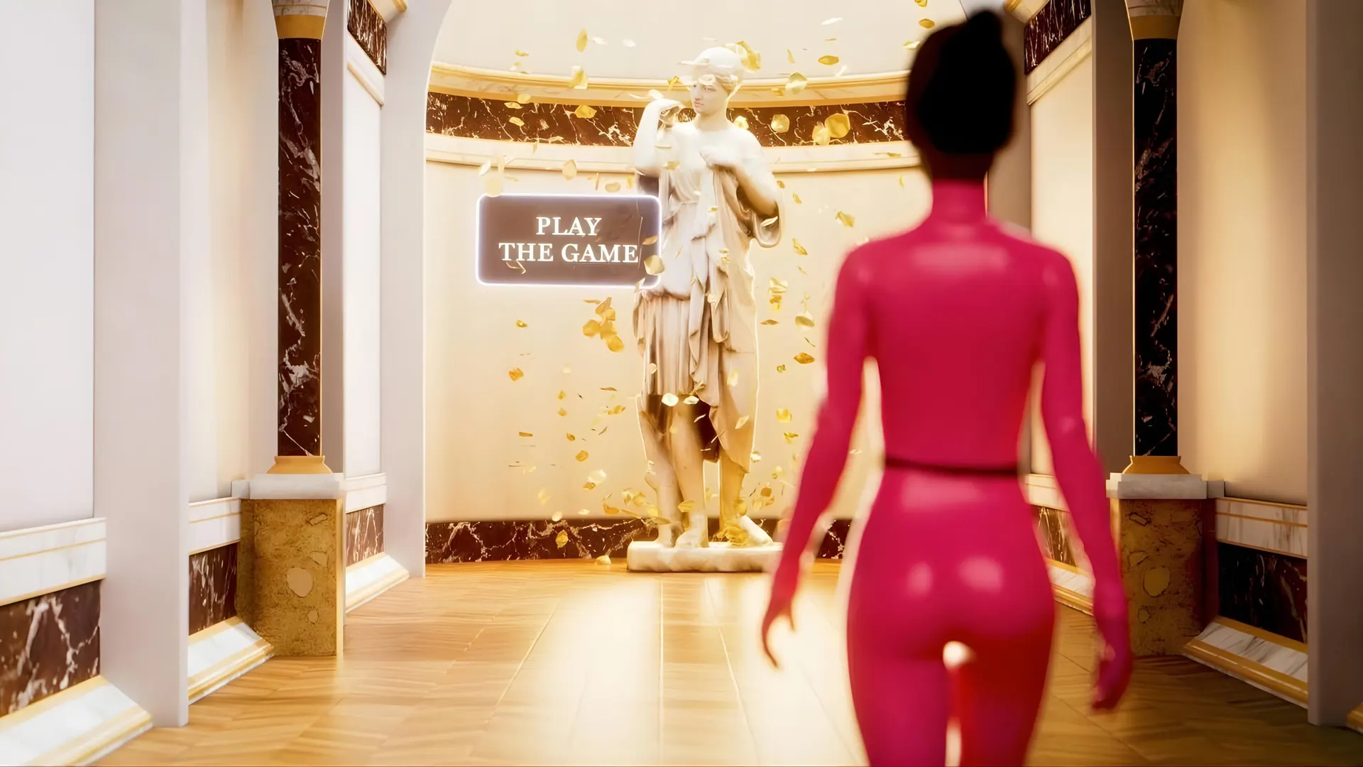 Virtual marble gallery with a classical statue, falling gold petals and a neon 'Play the Game' sign
